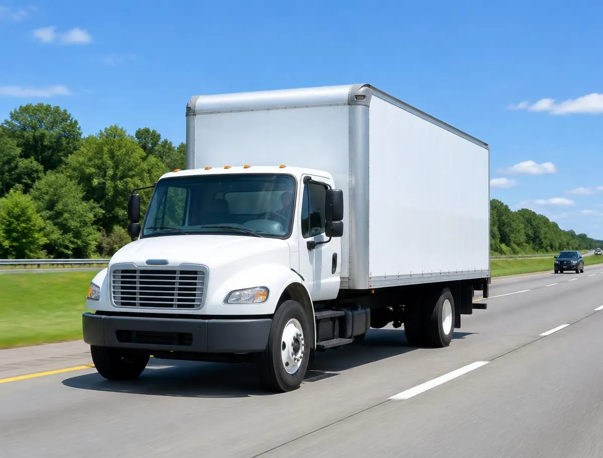 Moving truck driving on an interstate highway in daylight