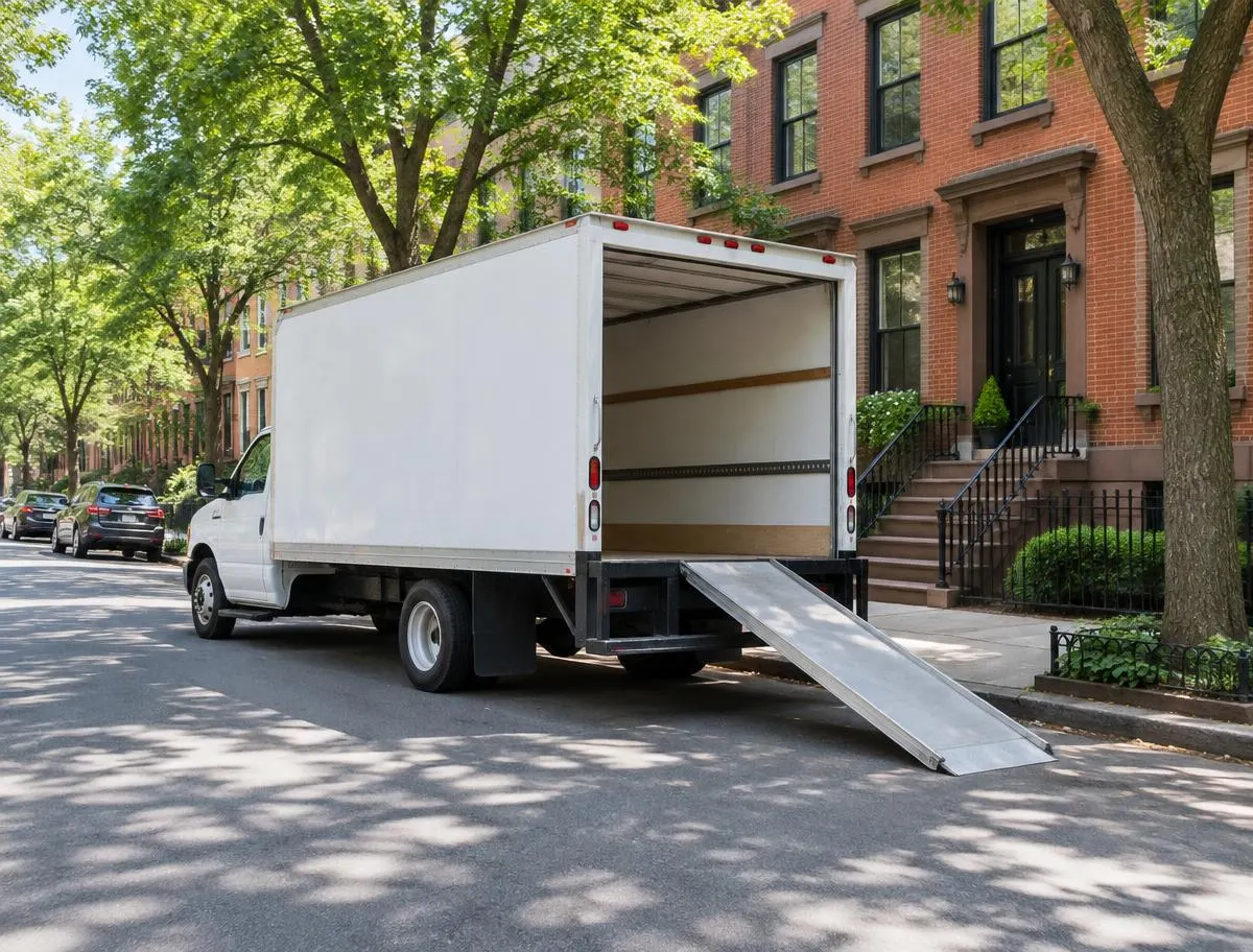 Plain white moving truck parked at the curb on a tree-lined city street