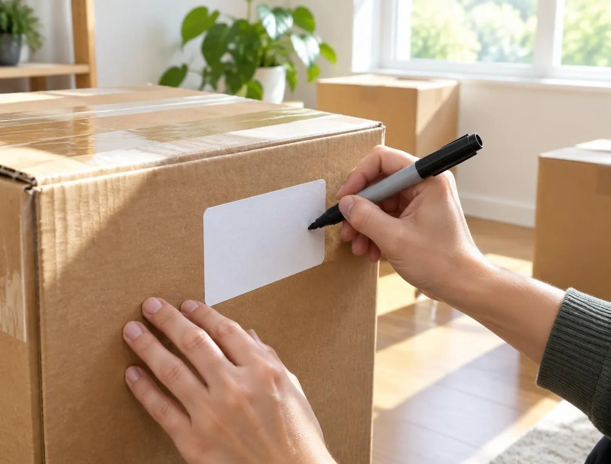Hands labeling a taped cardboard moving box with a marker