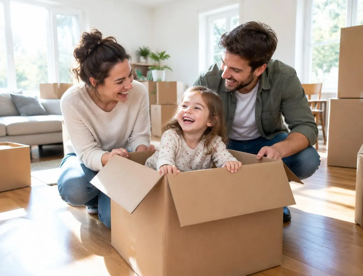 A laughing family unpacking moving boxes in a bright new living room