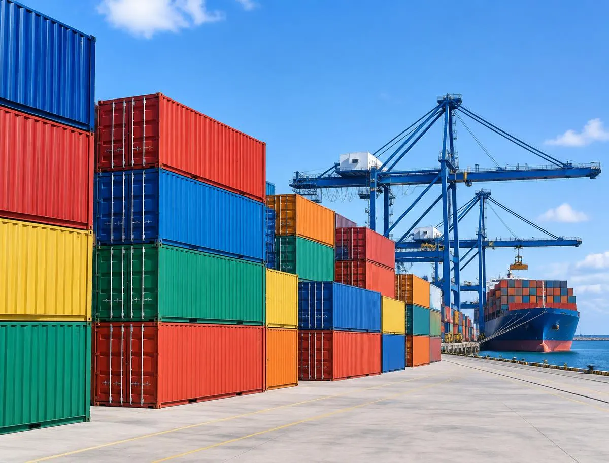 Stacked colorful shipping containers and cranes at a port on a sunny day